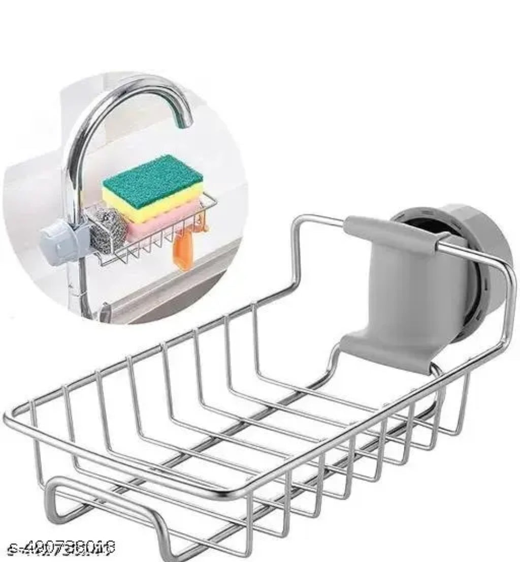 Kitchen Sink Faucet Sponge Holder Caddy Organizer Over, Stainless Steel Heavy Duty Thickening Hanging Drain Rack for scrubbers, soap, Bathroom, Detachable no Suction Cup Bathroom soap Holder