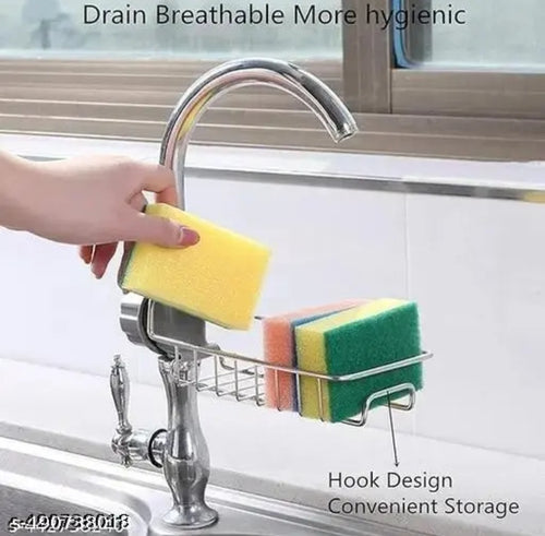 Kitchen Sink Faucet Sponge Holder Caddy Organizer Over, Stainless Steel Heavy Duty Thickening Hanging Drain Rack for scrubbers, soap, Bathroom, Detachable no Suction Cup Bathroom soap Holder