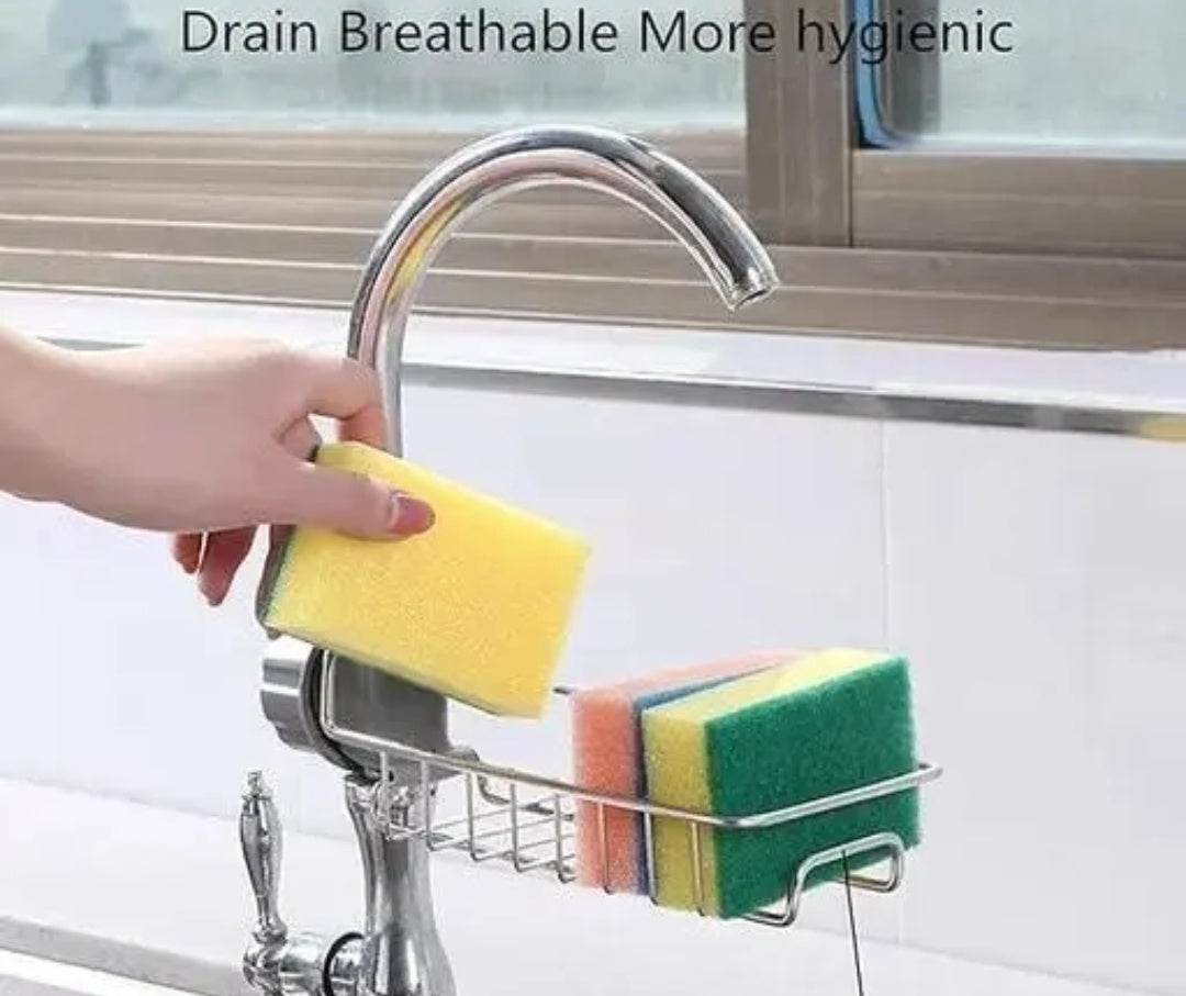 Kitchen Sink Faucet Sponge Holder Caddy Organizer Over, Stainless Steel Heavy Duty Thickening Hanging Drain Rack for scrubbers, soap, Bathroom, Detachable no Suction Cup Bathroom soap Holder