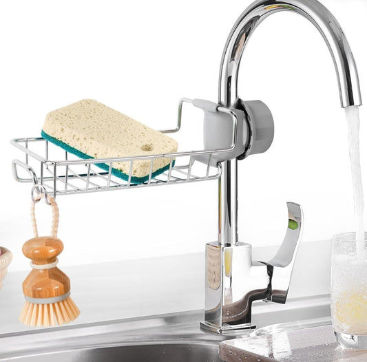 Kitchen Sink Faucet Sponge Holder Caddy Organizer Over, Stainless Steel Heavy Duty Thickening Hanging Drain Rack for scrubbers, soap, Bathroom, Detachable no Suction Cup Bathroom soap Holder