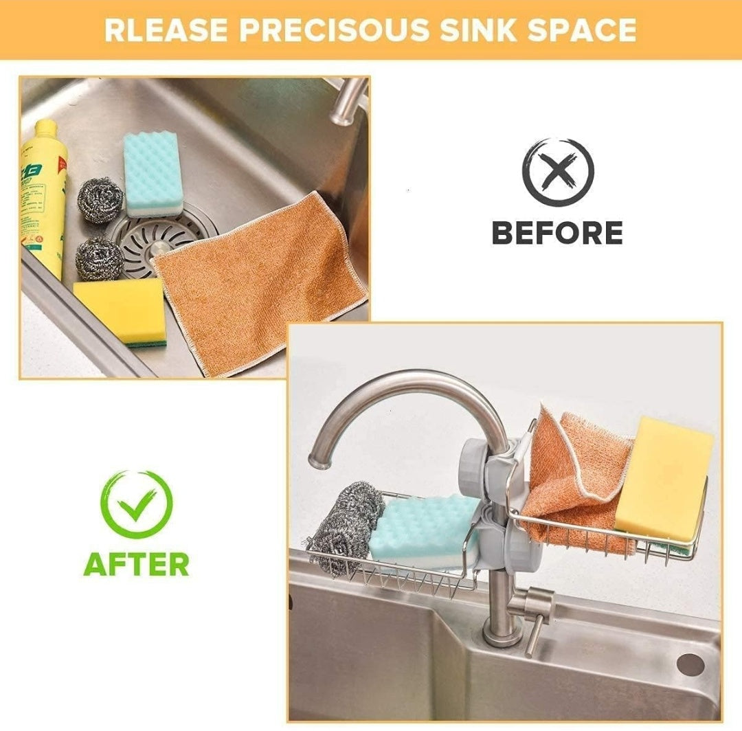 Kitchen Sink Faucet Sponge Holder Caddy Organizer Over, Stainless Steel Heavy Duty Thickening Hanging Drain Rack for scrubbers, soap, Bathroom, Detachable no Suction Cup Bathroom soap Holder